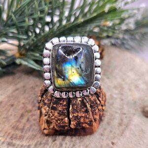 Nature Labradorite Flashy Square 925 Shape Ring(Size 8.5)